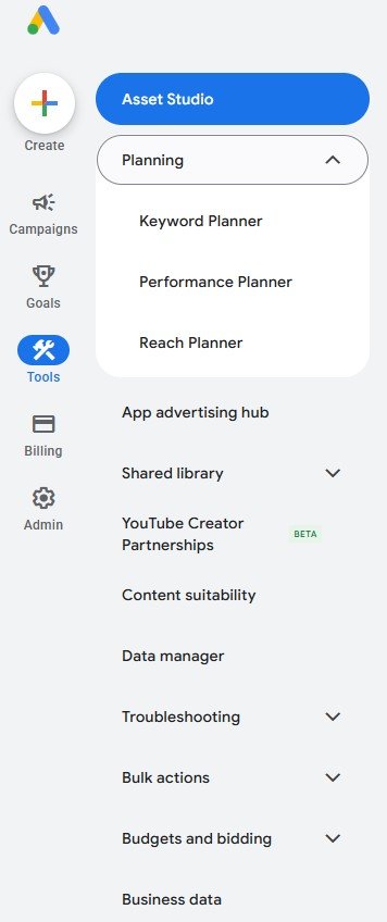 Google Ads Tools menu with Planning expanded and Keyword Planner visible