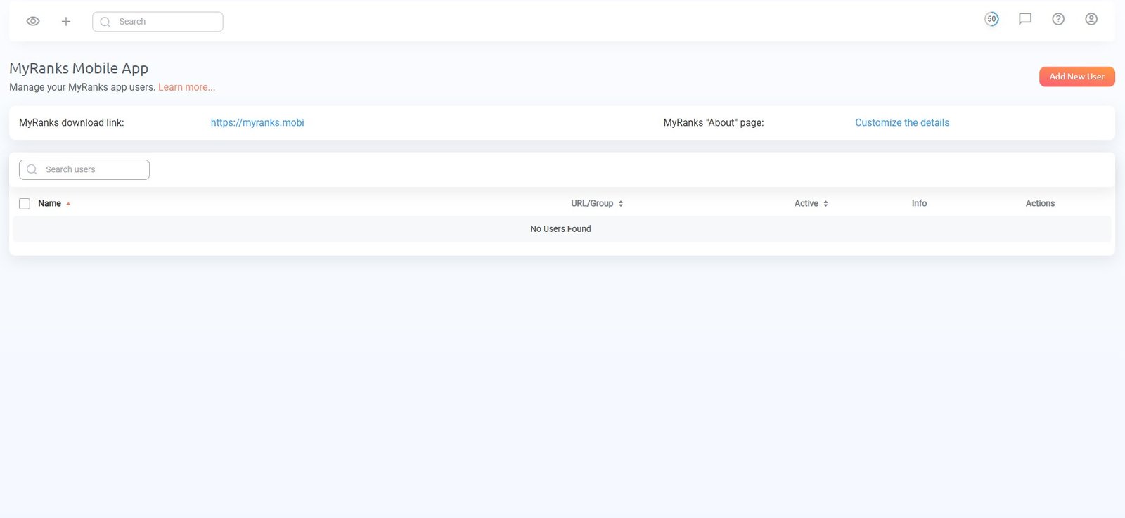ProRankTracker MyRanks Mobile App management page for creating and managing client-facing users
