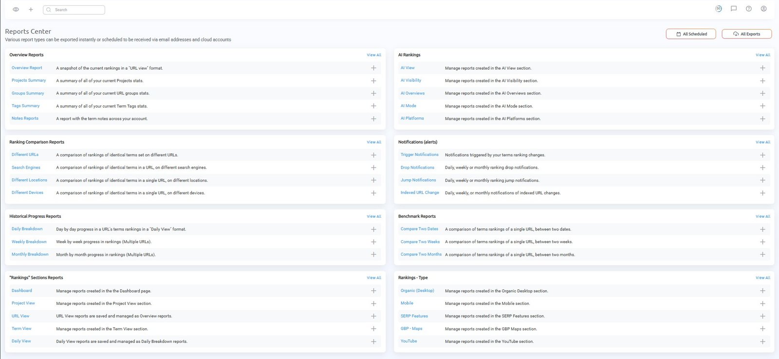 ProRankTracker Reports Center showing overview, comparison, historical, benchmark and notification reports