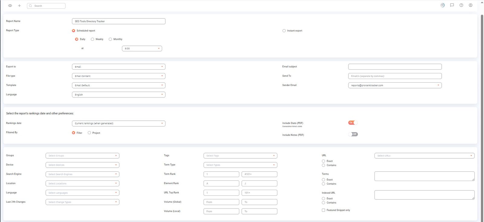 ProRankTracker scheduled report setup with daily, weekly and monthly scheduling and reporting filters