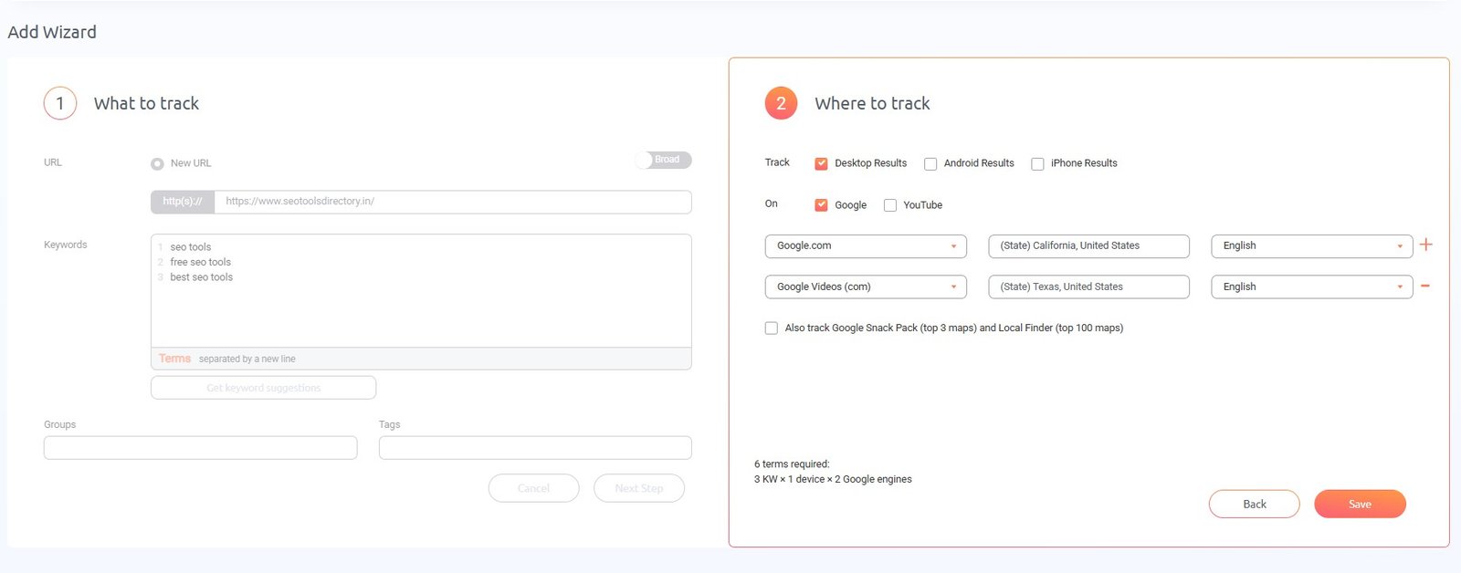 ProRankTracker Add Wizard showing three keywords across two Google tracking configurations requiring six Terms